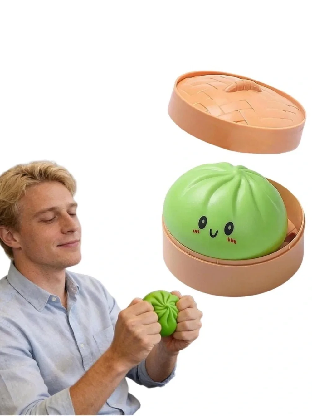 Kawaii Green Bun Squishy in Brown Steamer Case